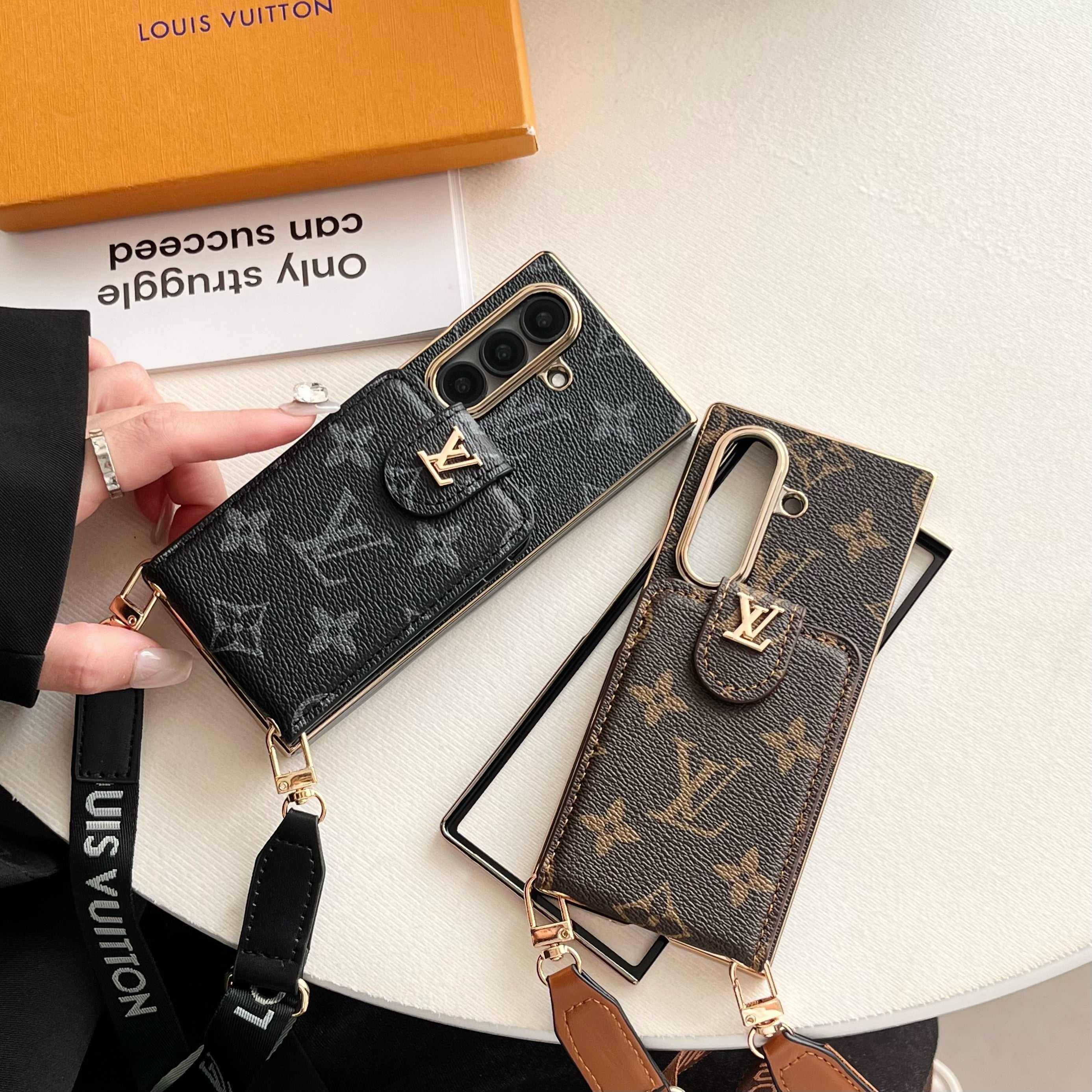 High-quality Leather Monogram Samsung Galaxy Z Fold Series Case With Card Wallet And Strap-RCLV100 - Runycase