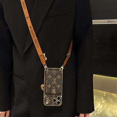 Étui élégant en cuir monogrammé avec porte-cartes et dragonne pour iPhone 17 Series-RCLV170