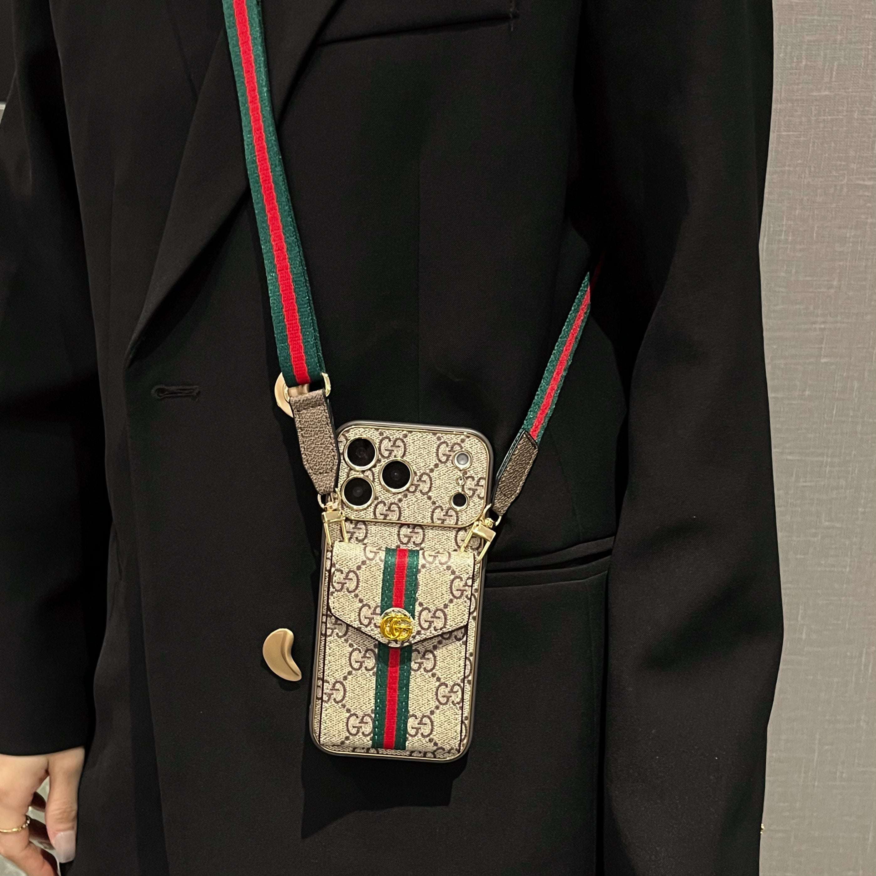 High-quality  Leather GG iPhone Case With Card Wallet And Crossbody Strap For iPhone 17 Series-RCGG184