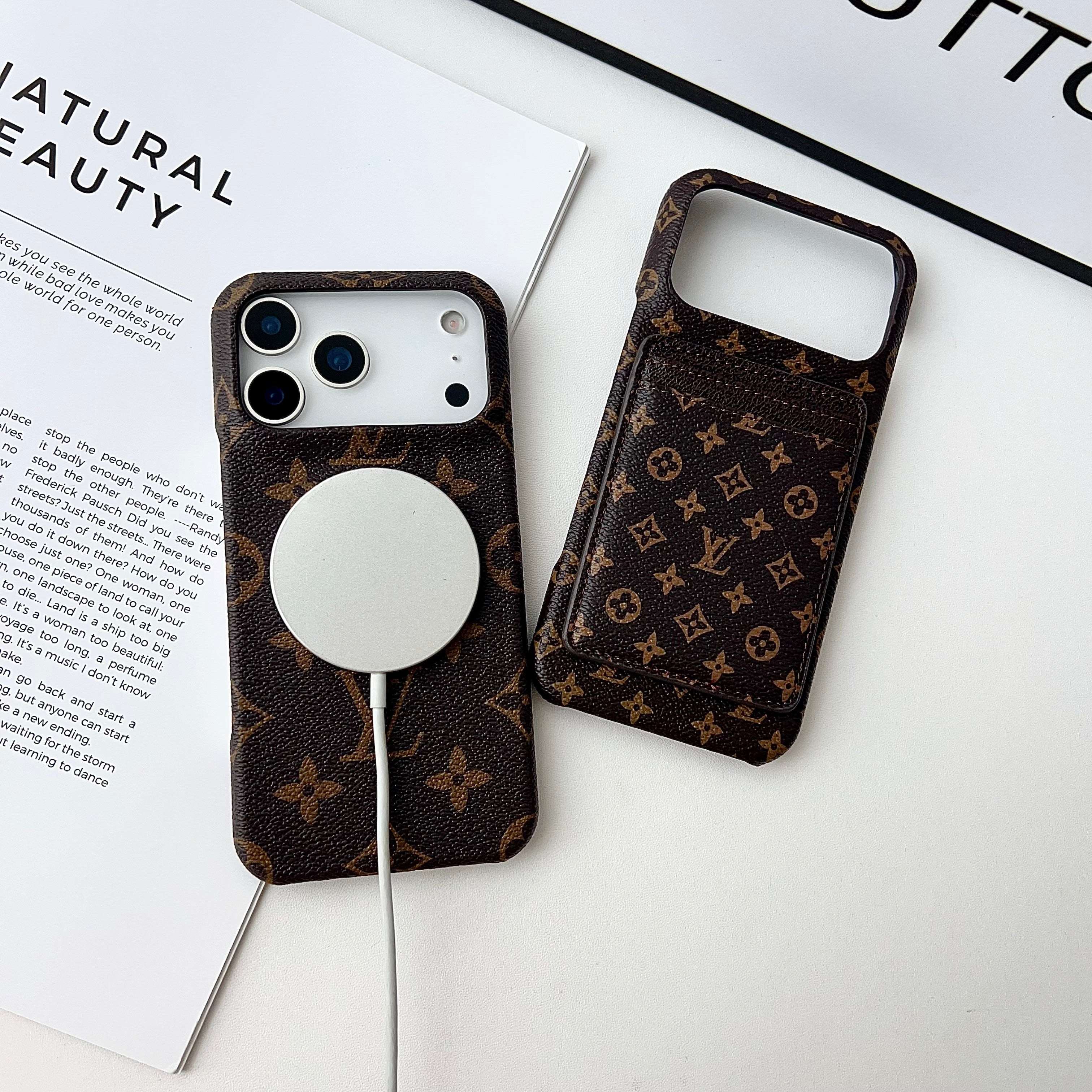 Leather Monogram iPhone Case With Card Holder For iPhone 17 Series-RCLV178