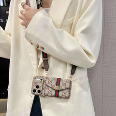 High-quality Leather GG iPhone Case With Card Wallet And Crossbody Strap For iPhone 17 Series-RCGG189