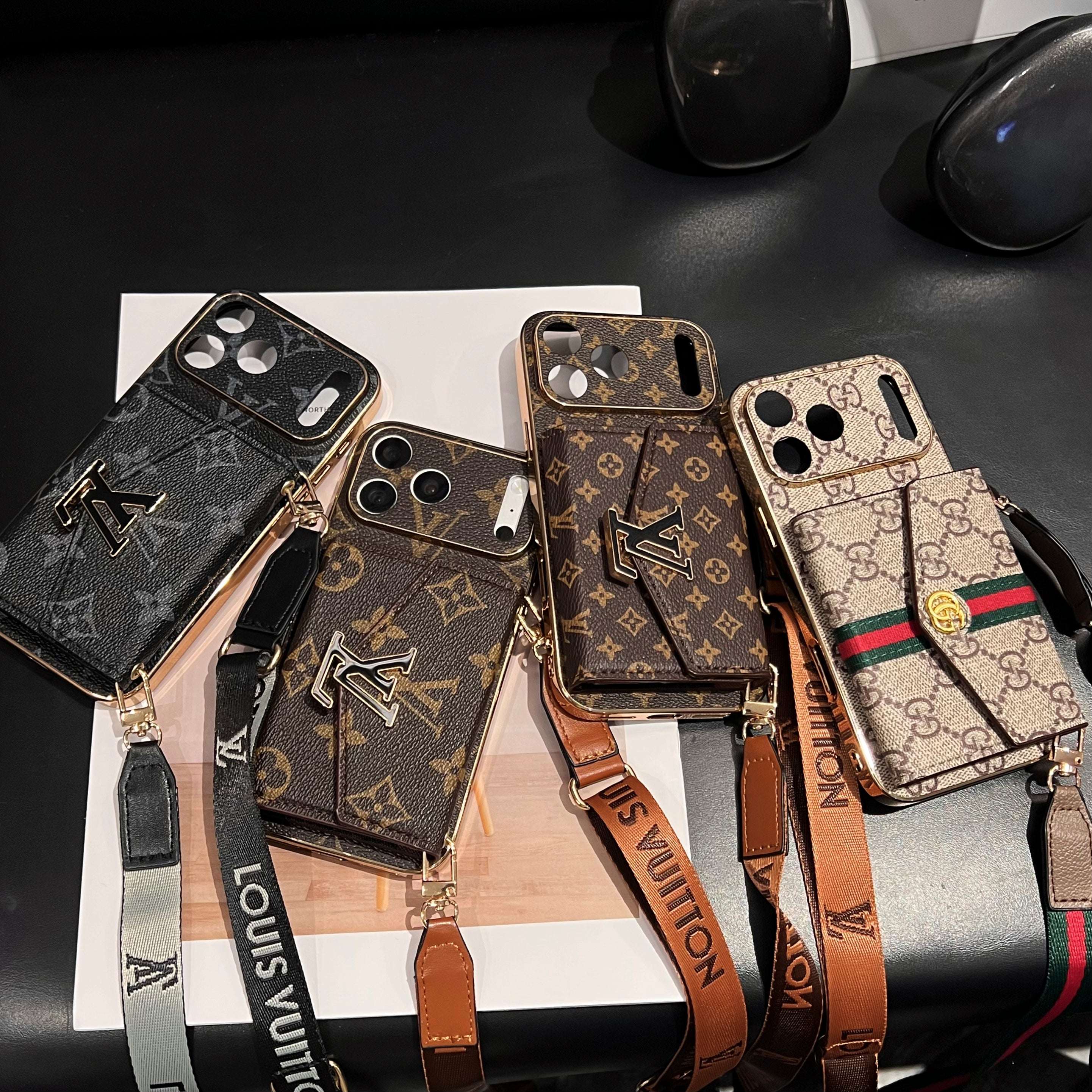 Luxury Leather  Monogram iPhone Case With Wallet And Crossbody Strap For iPhone 17 Series-RCLV190