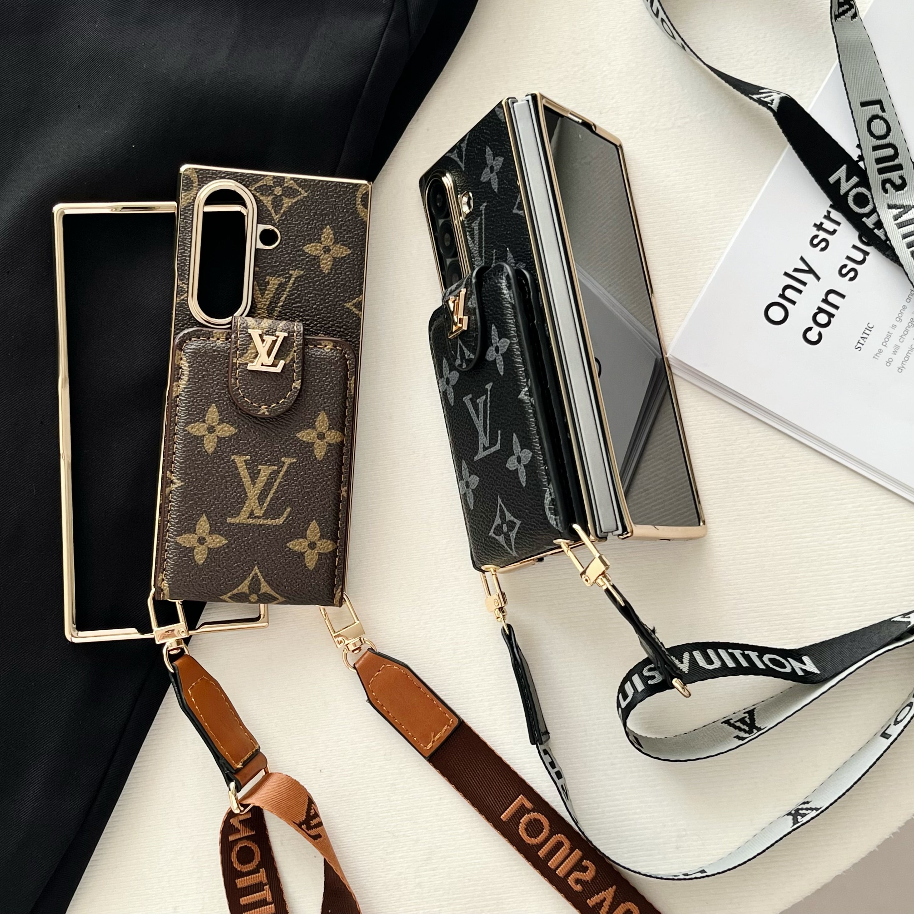 High-quality Leather Monogram Samsung Galaxy Z Fold Series Case With Card Wallet And Strap-RCLV100 - Runycase