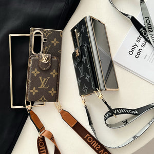 High-quality Leather Monogram Samsung Galaxy Z Fold Series Case With Card Wallet And Strap-RCLV100 - Runycase