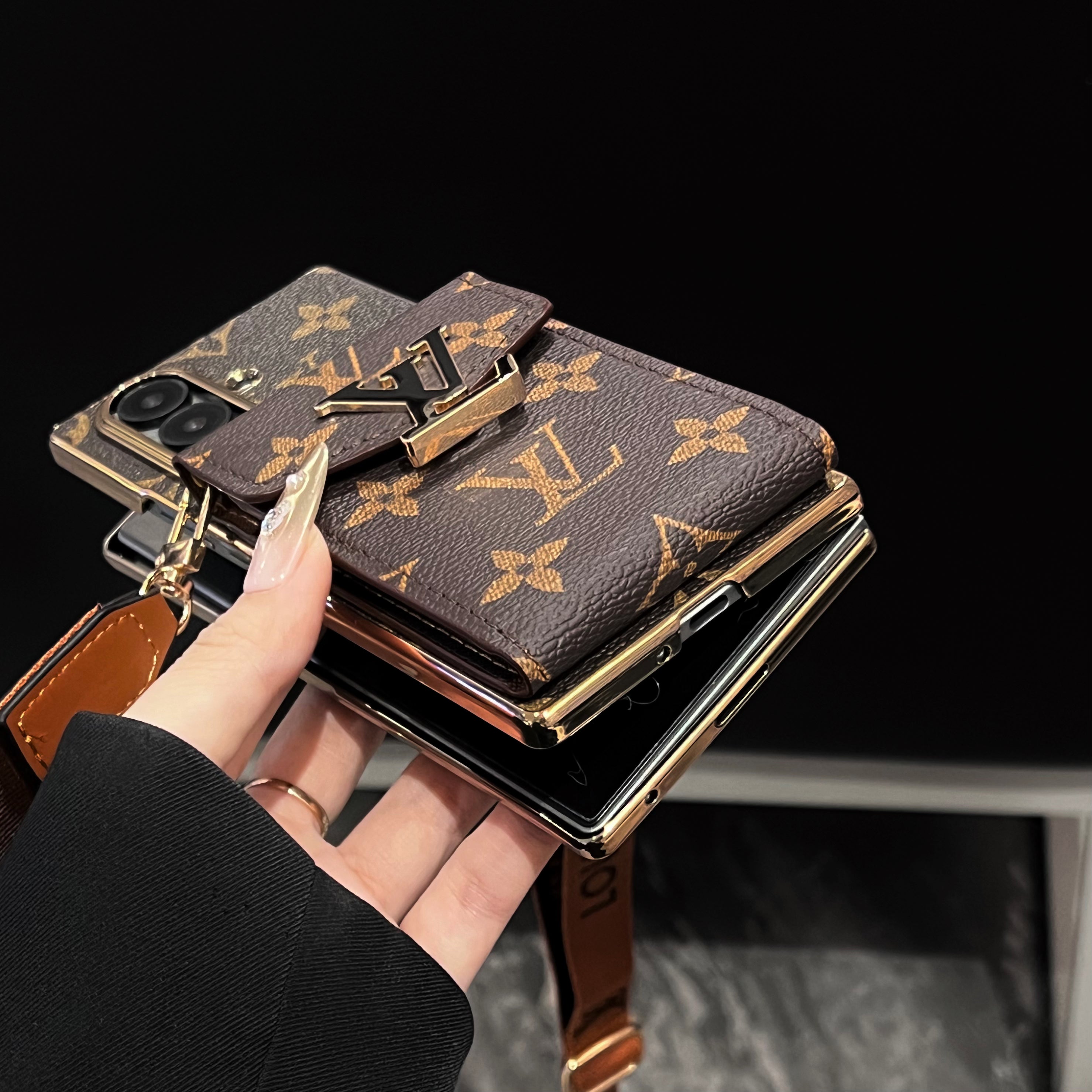 Luxury Monogram Samsung Galaxy Z Fold Series Case With Card Holder And Strap-RCLV093 - Runycase