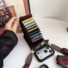 Étui iPhone en cuir classique GG avec porte-cartes et dragonne Noir-RCGG149