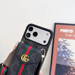 Étui iPhone en cuir classique GG avec porte-cartes et dragonne Noir-RCGG149