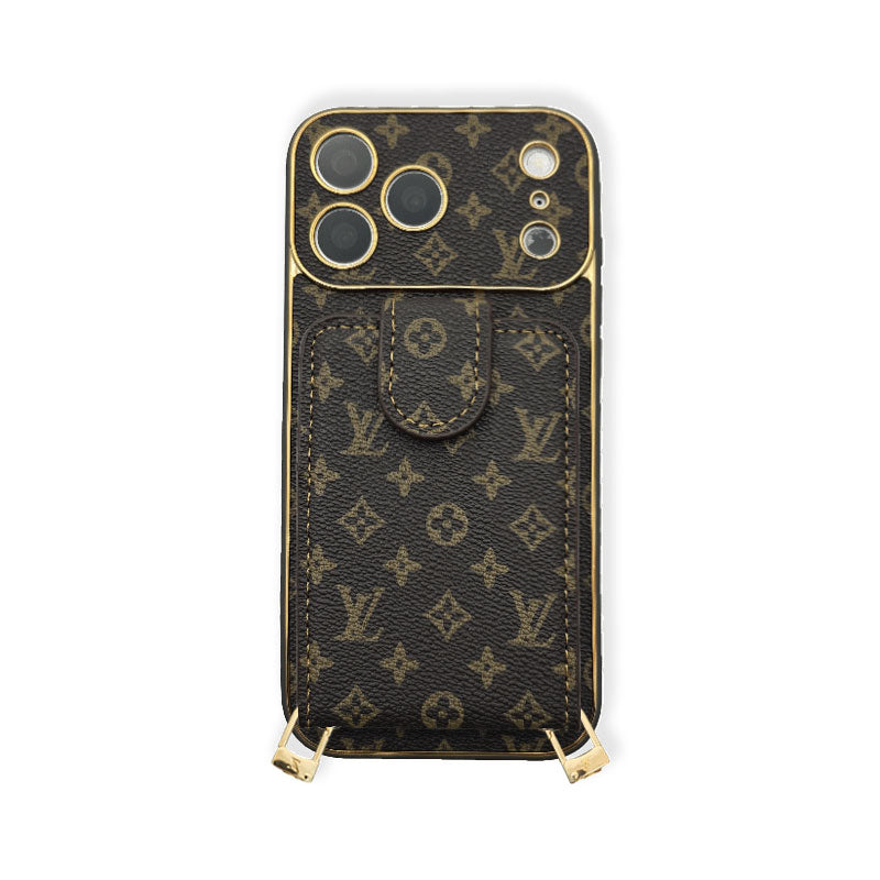 Elegant Leather Monogram iPhone Case With Wallet And Crossbody Strap For iPhone 17 Series-RCLV140