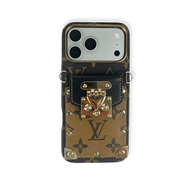 Étui de luxe en cuir pour iPhone avec monogramme, portefeuille et bandoulière pour iPhone 17 Series Noir-RCLV137