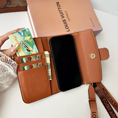 Luxury Leather Monogram iPhone Case With Flip Wallet And Crossbody Strap-RCLV193